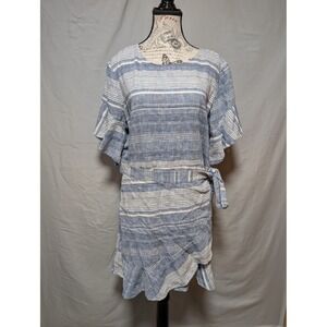 Express‎ Women's Blue White Striped Linen Blend Tie Waist Ruffle Hem Dress XL